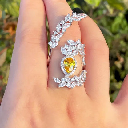 CANDICE Designer Women Wedding Band Finger Jewelry Luxury White Gold Plated Inlaid Shiny AAA Zirconia with Yellow Waterdrop Stone Opening Adjustable Ring for Bride