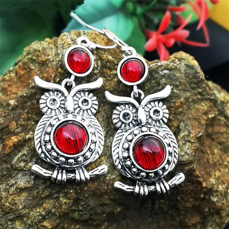 Retro Tibetan Silver Natural Ruby Sapphire Inlay Owl Ear Hook Dangle Earrings Gift for Women
