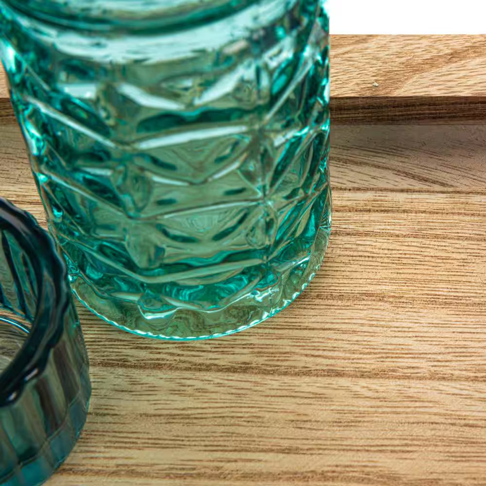 Blue and Green Glass Candle Holders on a Wood Tray (Set of 9)