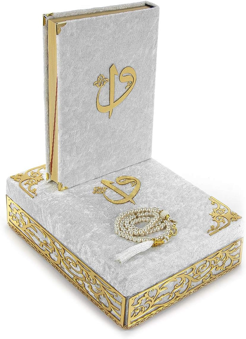 Special Elegant Velvet Covered Decorative Box, Velvet Covered Quran Book in Arabic and Prayer Beads, Islamic Decorations for Home, Muslim Home & Table Decor, Perfect Islamic Ramadan Eid Gifts, White