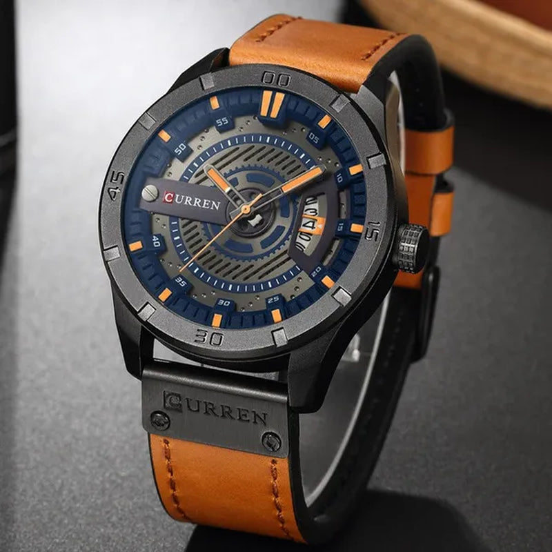 CURREN Men Watch Army Military Sports Watches Black Case Leather Strap Waterproof Date Function
