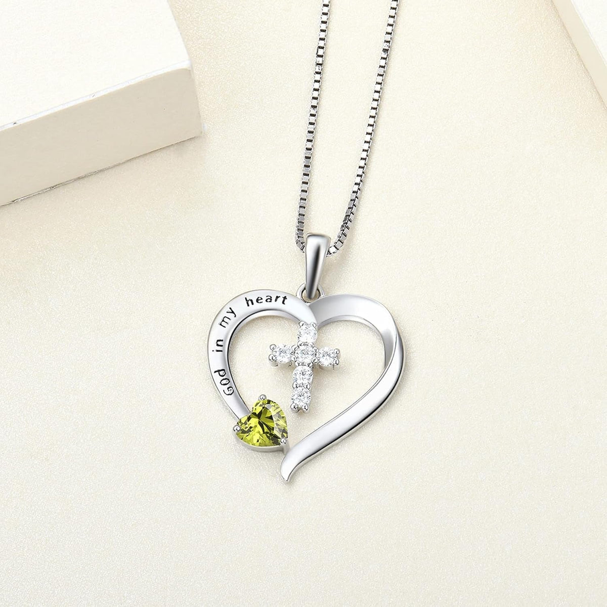 Women'S Heart Cross Necklace 925 Sterling Silver Birthstone Pendant God in My Heart Jewelry