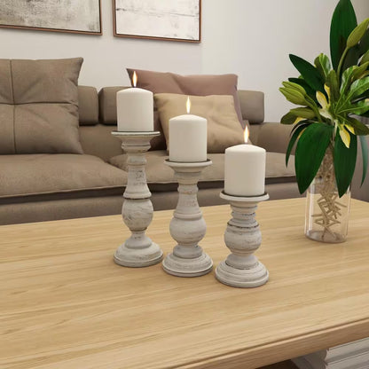 White Mango Wood Turned Style Pillar Candle Holder (Set of 3)