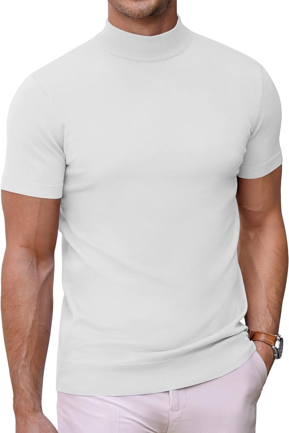 Mens Mock Turtleneck Sweater Short Sleeve Solid Color T-Shirts Basic Slim Fit Knitted Pullover Tees