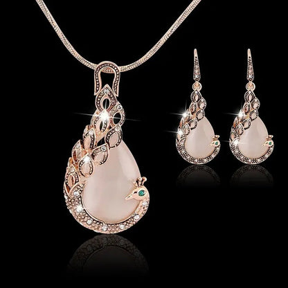 Fine Jewelry sets 2017 New Fashion KC rose Gold Filled opal Crystal Peacock Necklace Earring Wedding jewellery Set for women