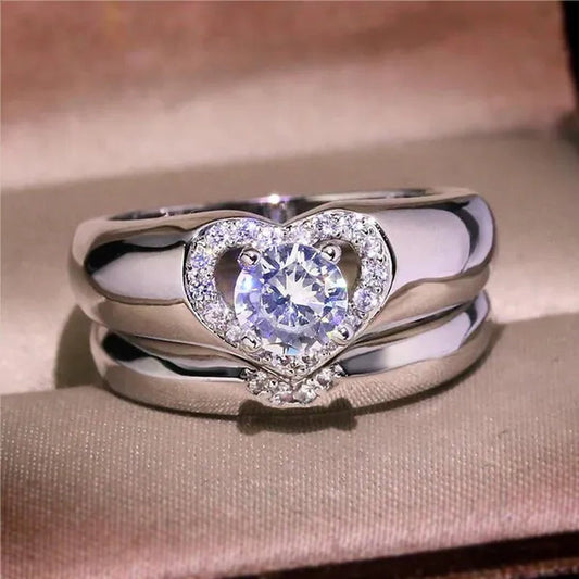 2PCS/Set Amazing Heart Ring Women's Elegant Natural Gemstones White Sapphire Diamond Silver Ring Set Anniversary Gift Engagement Bridal Wedding Rings Jewelry Size 5-10