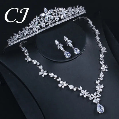 CANDICE Luxurious Classy White Gold Plating Bridal Crown Tiara Necklace Earrings Sets Pave Water Drop Cubic Zirconia Wedding Jewelry Set for Brides