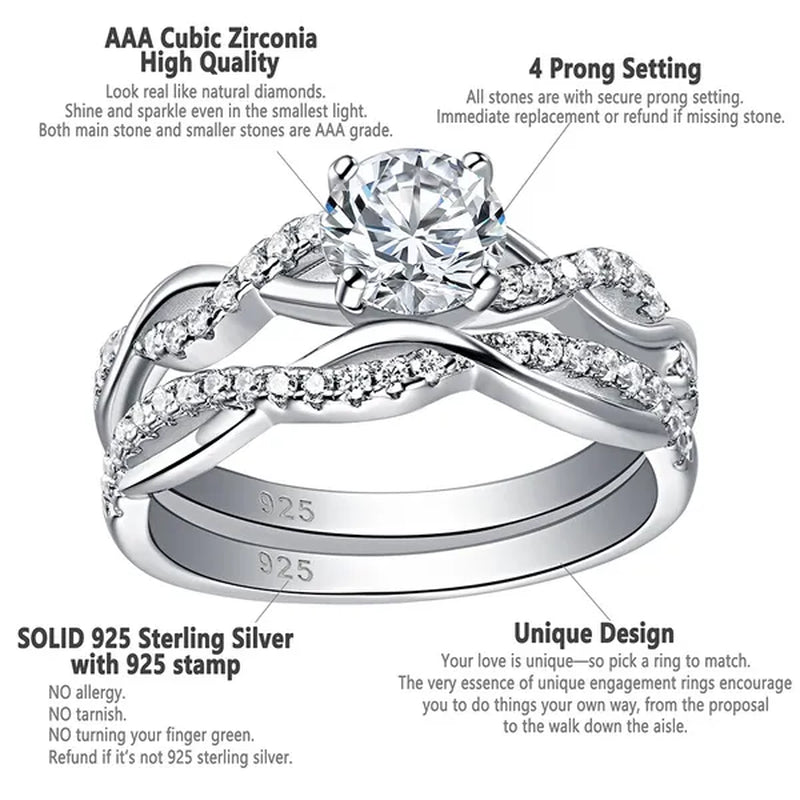 Newshe 2 Pcs 925 Sterling Silver Twist Cross Rings Wedding Engagement Ring Sets for Women AAAAA Cubic Zirconia Jewelry QR7628
