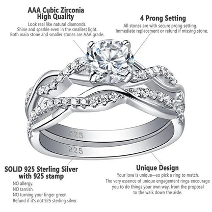 Newshe 2 Pcs 925 Sterling Silver Twist Cross Rings Wedding Engagement Ring Sets for Women AAAAA Cubic Zirconia Jewelry QR7628