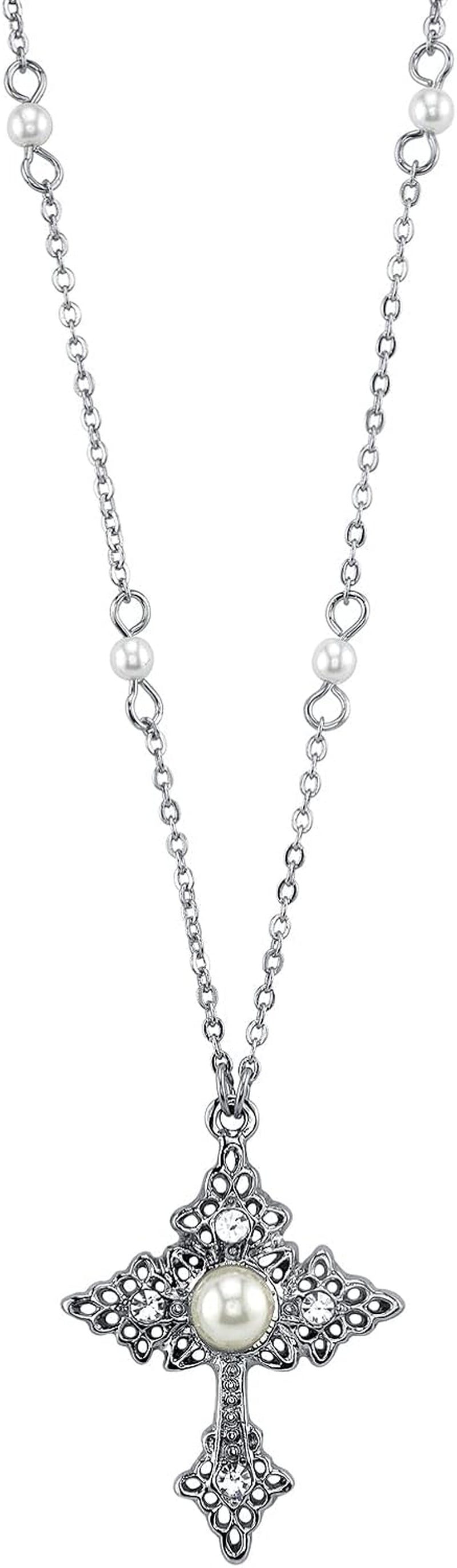 1928 Jewelry Women'S Silver Tone Filigree Cross with Faux Pearl Crystal Accent Pendant Necklace 16" + 3" Extender