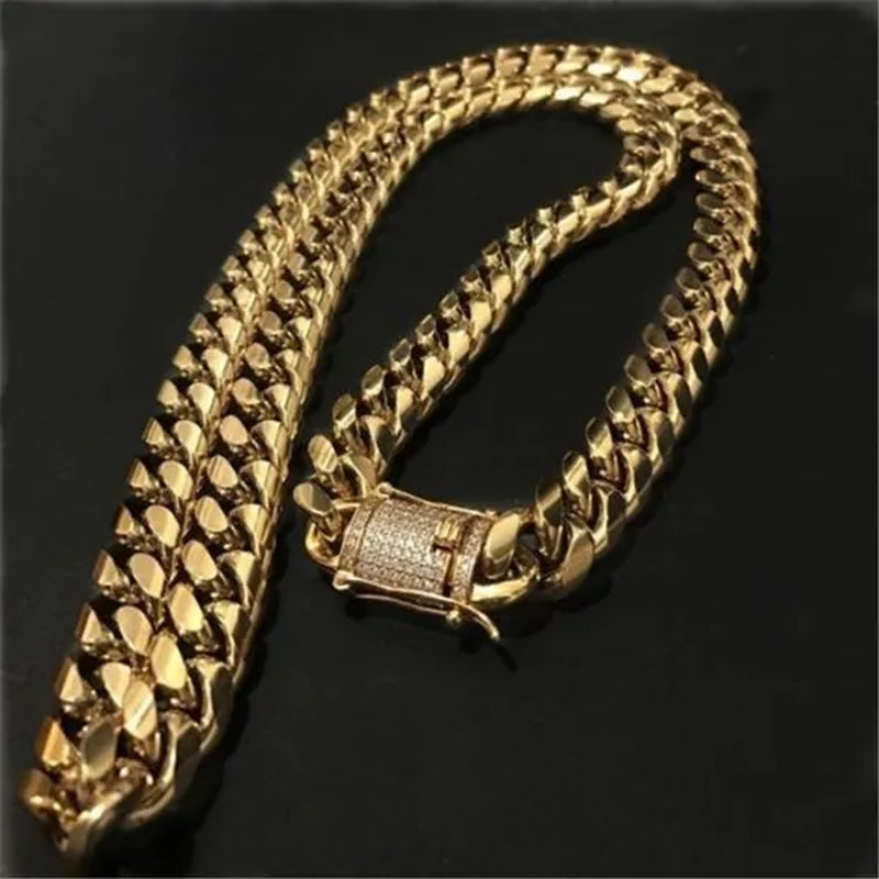 Men's Fashion 24K Gold/925 Silver Plated Solid 316L Stainless Steel Jewelry Shiny Diamond 1/2PCS Necklace Bracelet Miami Cuban Link Chain for Men 8/20/22/24/28/35inch