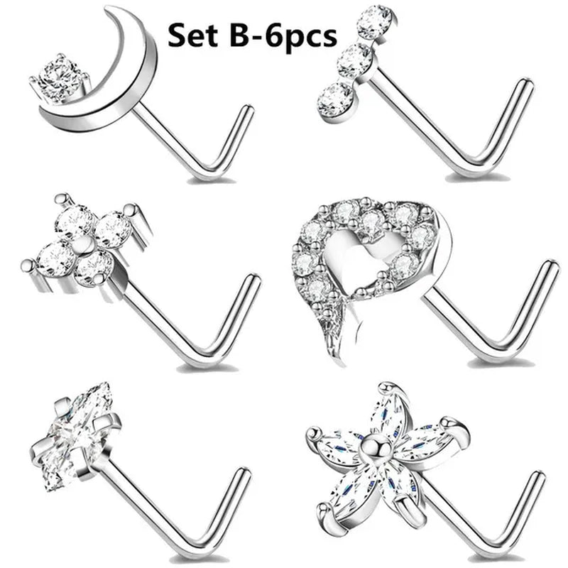 5/6Pcs 20G Nose Rings Stud L Shape Nose Rings Cubic Zirconia Butterfly Flower Eye Moon Heart Shape Nose Studs Piercing Jewelry for Women Men