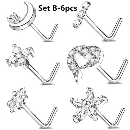 5/6Pcs 20G Nose Rings Stud L Shape Nose Rings Cubic Zirconia Butterfly Flower Eye Moon Heart Shape Nose Studs Piercing Jewelry for Women Men