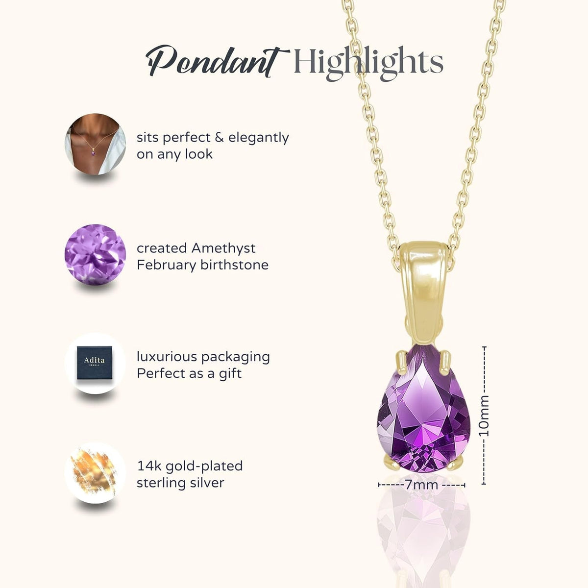 14K Gold Plated Amethyst Necklace for Women - February Birthestone Teardrop Necklace - Gold Jewelry for Women - Dainty Gold Necklace - Everyday Necklaces - Gold Necklaces for Women