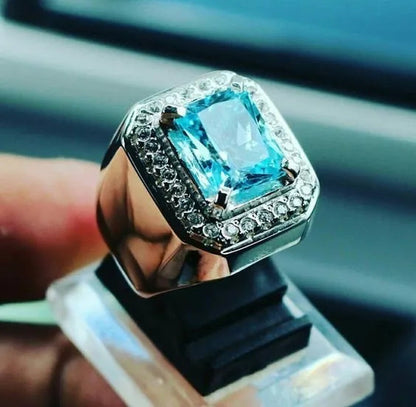 Silver Ring 2.8CT Natural Gemstone Sapphire Aquamarine Diamond Jewelry Embellishment Men Engagement Party Wedding Band Rings Size：7-14