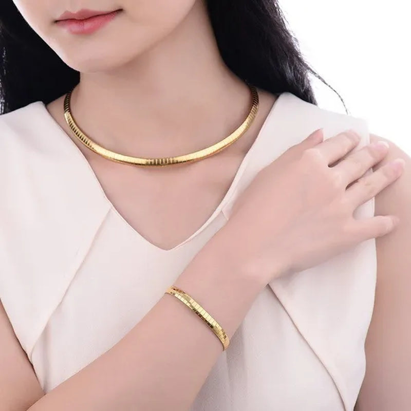 Trendy Women Jewelry Set Silver Gold Stainless Steel Choker Necklace Bracelet Set Suits