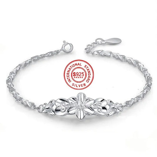 Fashion Beautiful 925 Sterling Silver Solid Flower Bracelet for Women Chain Charm Classic Wedding Jewelry Gift