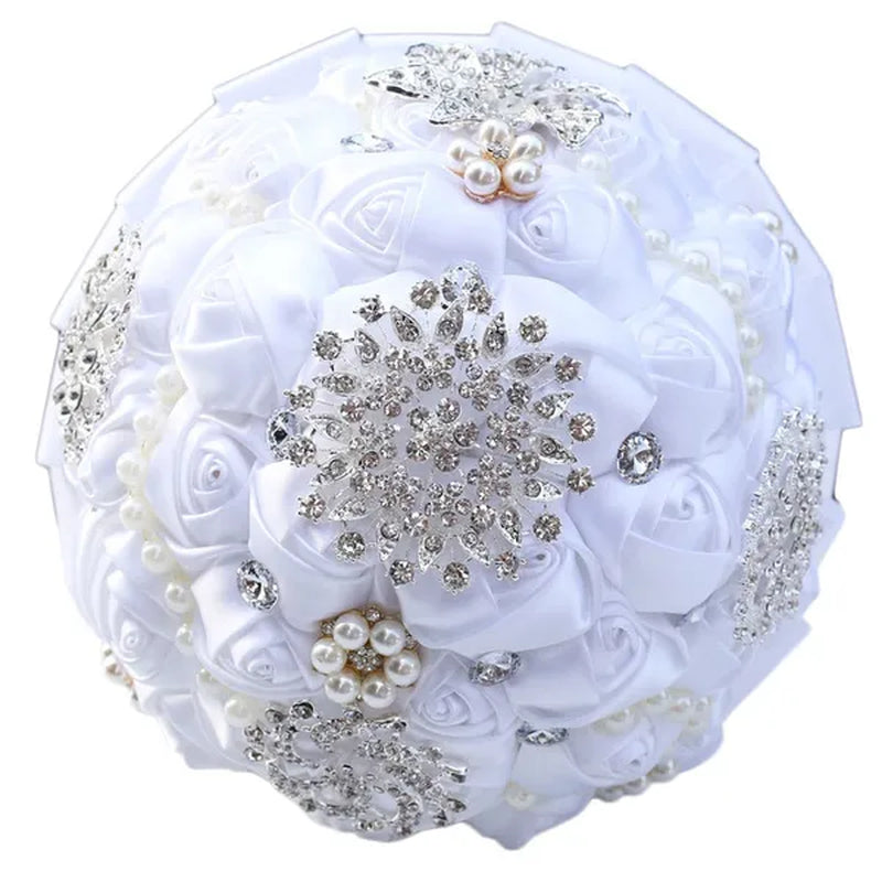 20CM Mixed Color Silk Ribbon Rose Wedding Flower Bouquet Luxury Pearl Crystal Brooch Bridal Bouquet Handmade Creative Bridesmaid Holding Flowers