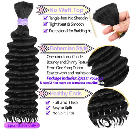 Human Hair Bulk for Braiding No Weft 100% Unprocessed Brazilian Virgin Weave Braid Deep Wave Curly Human Hair Extensions Two Bundles Micro Braiding Human Hair 100G No Weft 20 Inch