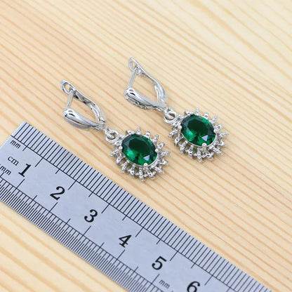 Natural Green Cubic Zirconia 925 Sterling Silver Jewelry Sets for Women Engagement Earrings Ring Pendant Necklace Set