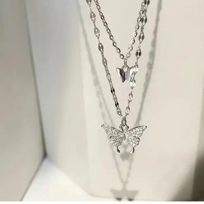 Delicate and Creative Women's Zircon Necklace Butterfly Necklace Double Layer Necklace Women's Geometric Necklace Butterfly Necklace Fashion Women's Jewelry Accessories Festival Wedding Engagement Valentine's Day Anniversary Gift Christmas Gift Jewelry