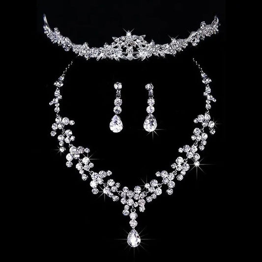 Bridal Wedding Party Jewelry Set Crystal Rhinestone Necklace & Earrings & Tiara
