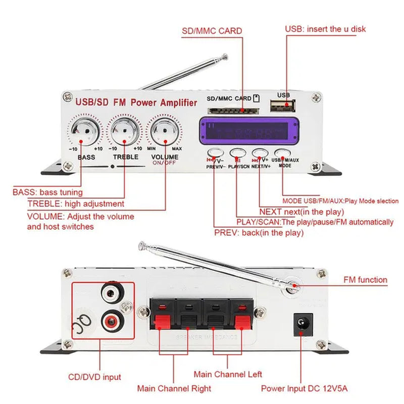 370BT Remote Control Bluetooth 2CH HI-FI High Power Car Audio Amplifier FM Radio Player Support SD / USB / DVD / MP3 for Car Motorcycle Home