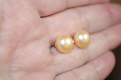 Quality Golden Champagne Pearl Semi round Dome Button 10 MM Stud Earrings 14K Gold Filled
