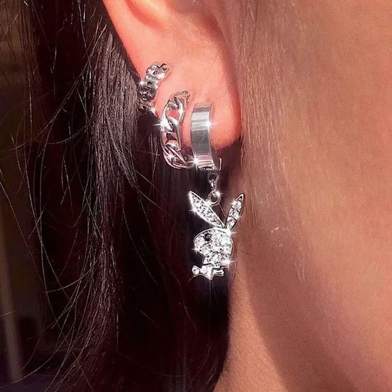 Playboy Full Diamond Rabbit Stainless Steel Ear Buckle Earrings for Men and Women