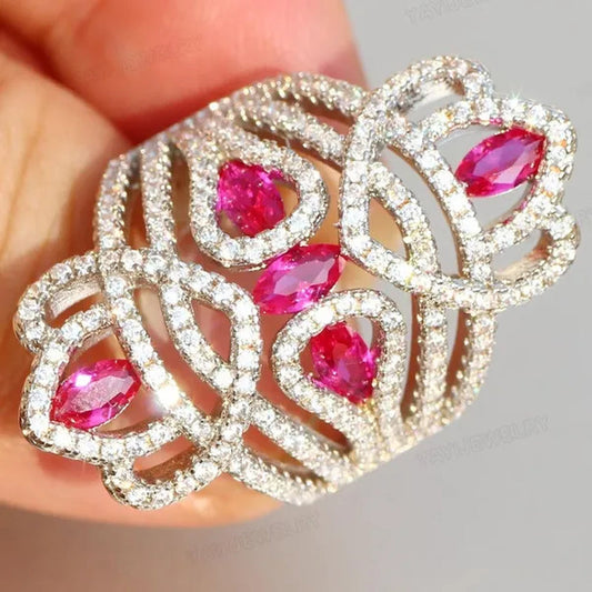 Silver Natural Gemstones White Sapphire & Ruby Ring Birthstone Bride Wedding Engagement Multilayer Princess Cross Ring Size 6 7 8 9 10