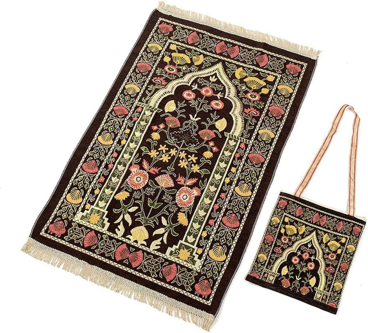 Portable Muslim Prayer Rug Bag Set, Traditional Floral Islam Prayer Mat Carpet with Tassels Home Travel Folable Ramadan Praying Mat Namaz Rug Eid Islamic Rug for Kids Men Women