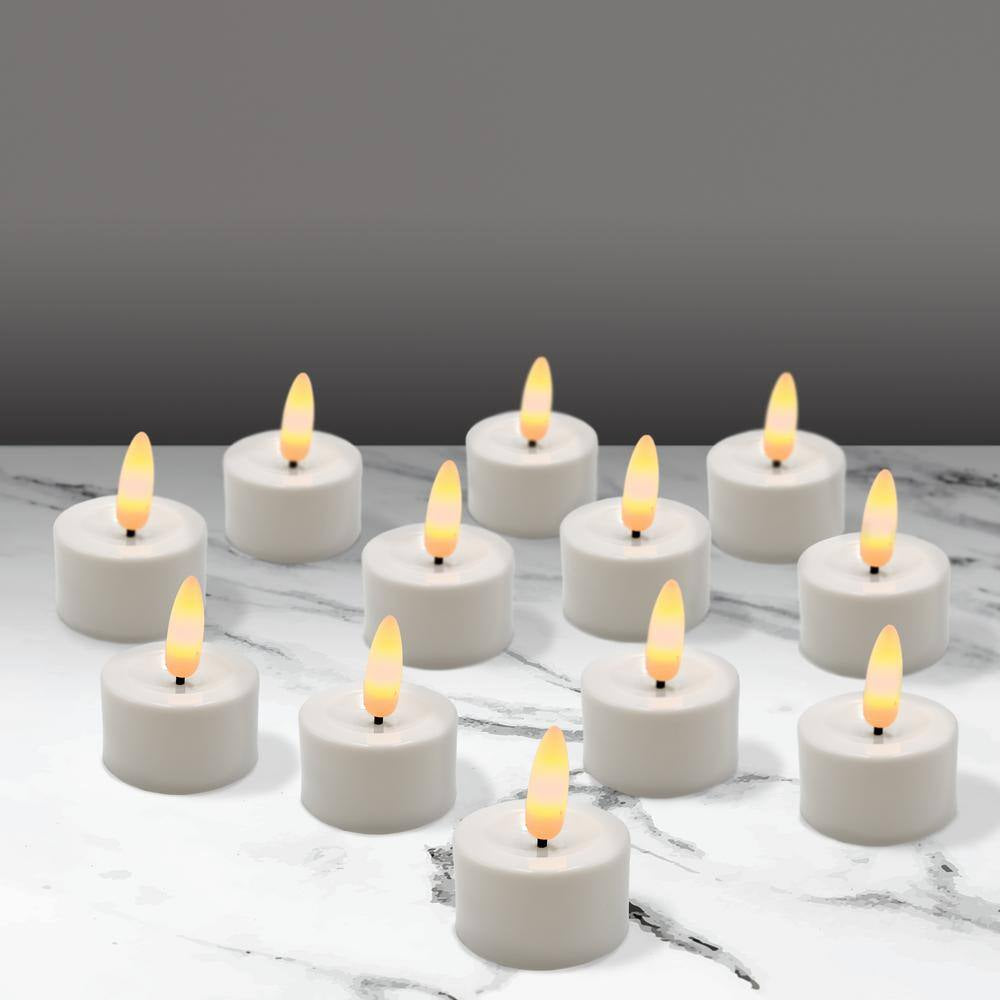 Battery Operated 3D Wick LED Tea Lights, White - Set of 12