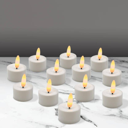 Battery Operated 3D Wick LED Tea Lights, White - Set of 12