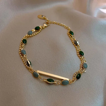 Blue Green Color Crystal Charm Bracelets for Women Gold Color Beaded Chain Double Layered Adjustable Bracelet Accessories