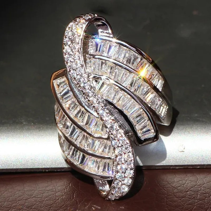 Gorgeous  Silver Natural Gemstones White Sapphire Ring Wedding Birthstone Bride Engagement Multilevel Square Crossing Brand Flower Ring Jewelry Size 6 7 8 9 10
