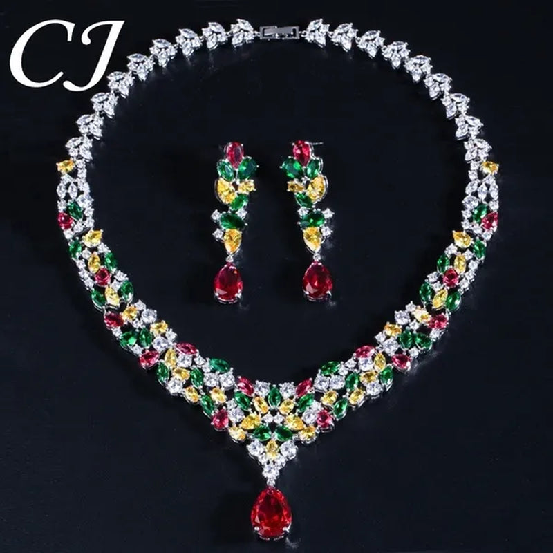 CANDICE Noble Red Crystal Water Drop Pendant Necklace and Dangle Earrings Pave Multi Shape Colorful CZ Stone Women Wedding Party Dress Jewelry Set