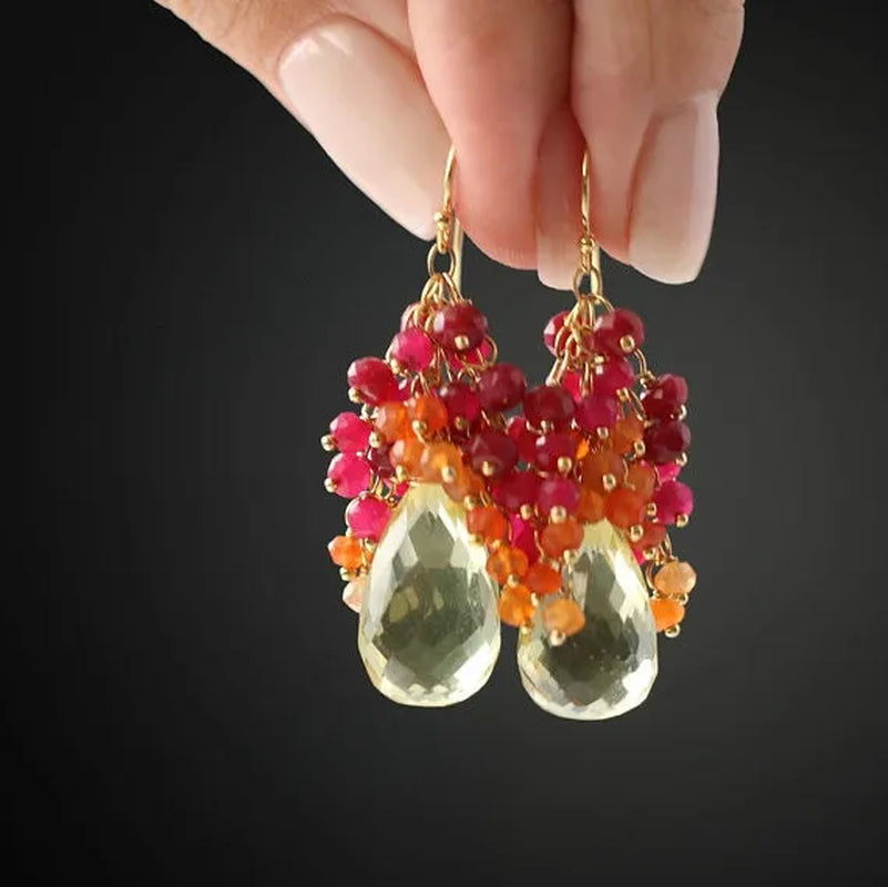 Gemstone Earrings Drop Earrings Ruby Earrings Cluster Earrings Lemon Topaz Earrings