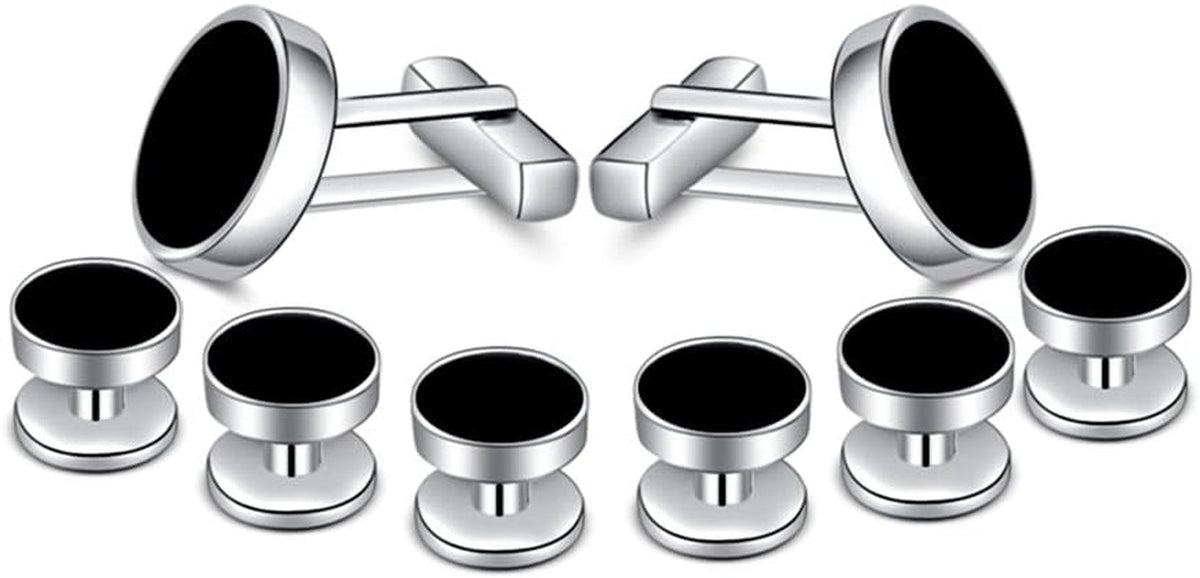 Mens Onyx Cufflinks and Studs Set Silver Black Cufflinks for Men Tuxedo Shirts Business Wedding Gift