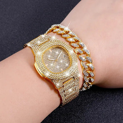 Hip Hop Iced Out Paved Rhinestones 13MM Full Miami Curb Cuban Chain CZ Bling Rapper Necklaces Bracelet Watch for Men Jewelry Set