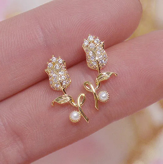 18K Gold Rose Flower Women's Diamond Earrings Shiny Zircon Bohemian Stud Earrings Engagement Wedding Jewelry