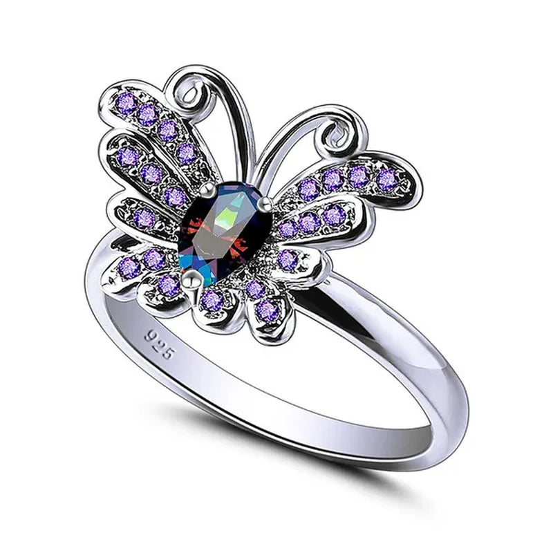 Jewelry 925 Sterling Silver Rainbow Topaz Filled Butterfly Ring for Teen Girls 4*6mm pear shaped high quality lab-created amethyst sapphire Pink gemstone Rings