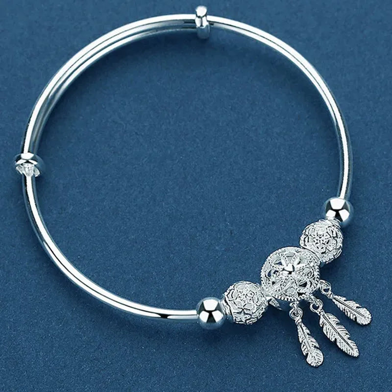 NEW 925 Sterling Silver Dreamcatcher Tassel Feather Round Bead Charm Bracelet & Bangle Earrings for Women Elegant Jewelry Set Gifts