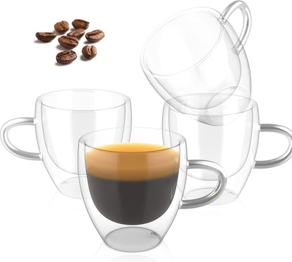 Espresso Cups 2.8 OZ - Double Walled Glass Espresso Cups Set of 4, Thermo Insulated Shot Glasses with Handle