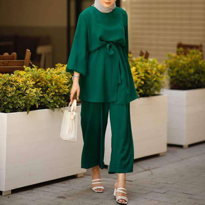 Abayas for Women Muslim Long Sleeve Loose Top Pants 2 Pcs Dubai Islamic Muslim Clothes