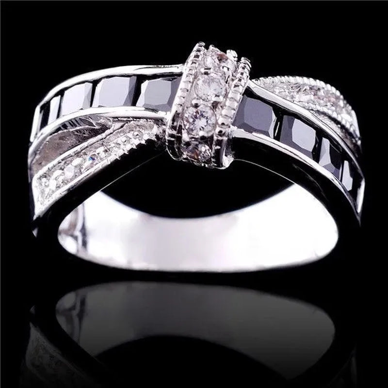 2016 Size 6-10 Black Sapphire Corssed CZ Wedding Rings Women's White Gold Filled Band