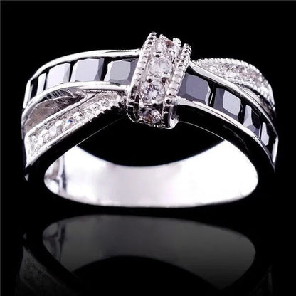 2016 Size 6-10 Black Sapphire Corssed CZ Wedding Rings Women's White Gold Filled Band