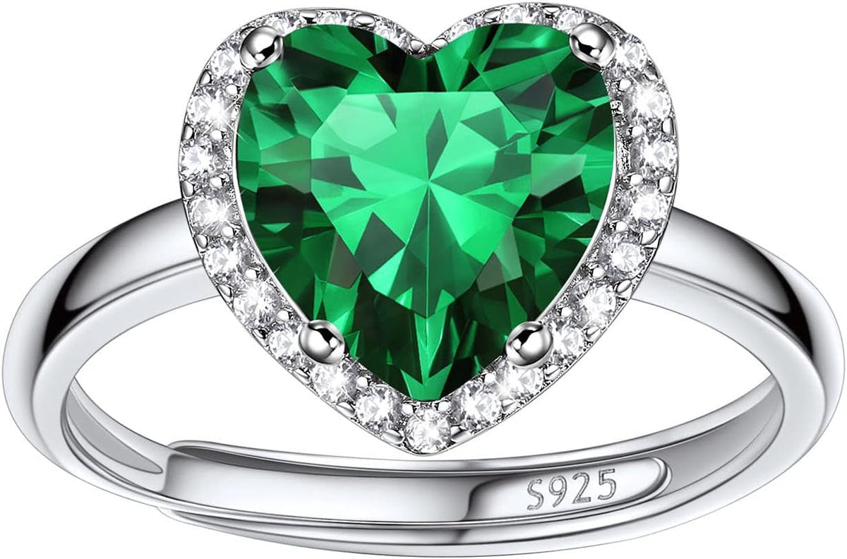 925 Sterling Silver Birthstone Rings for Women Girls with Clear 2Ct Heart/Round/Teardrop/Square Crystal, Solitaire Diamond Halo Open Bands Cubic Zirconia Rings Adjustable Size#6-#12