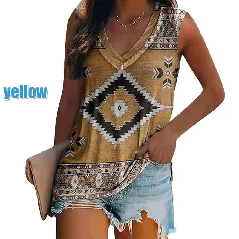 Ethnic Style Multi-pattern Print Sleeveless T-shirt Women's Vest V-neck Casual Loose Shirts Blouse Tank Top Camisoles