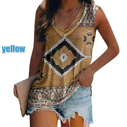 Ethnic Style Multi-pattern Print Sleeveless T-shirt Women's Vest V-neck Casual Loose Shirts Blouse Tank Top Camisoles