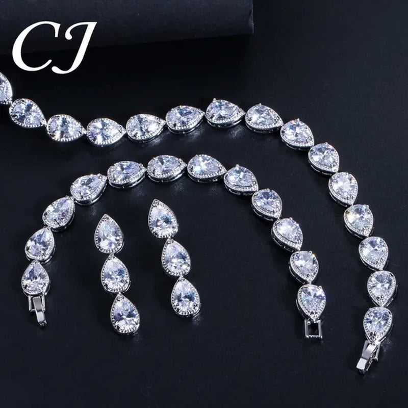 CANDICE Classic Zirconia Wedding Jewelry Sets For Bridal Luxury Teardrop CZ Stone White Gold Plated Party Chocker Necklace Earrings and Bracelet Set